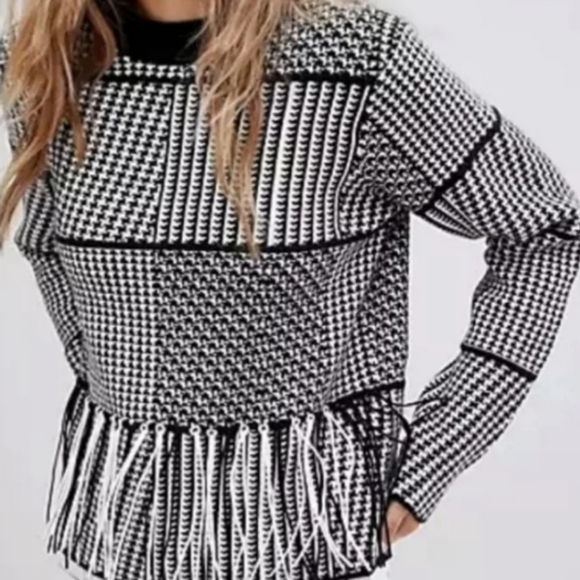 Haute Rogue front fringe western vibe houndstooth sweater mix print M - Picture 1 of 9